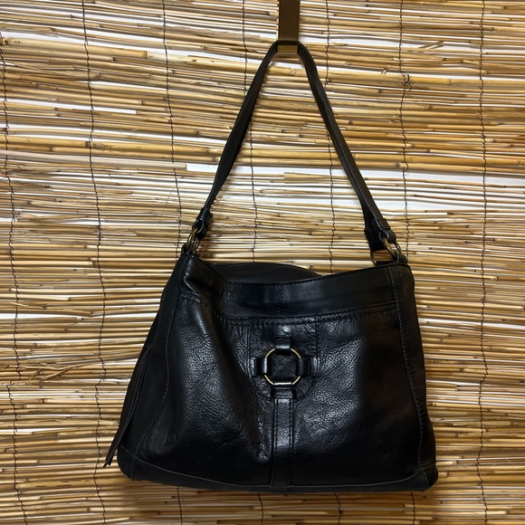 Born Handbags - Born Black Leather Shoulder Bag with Ring Detail